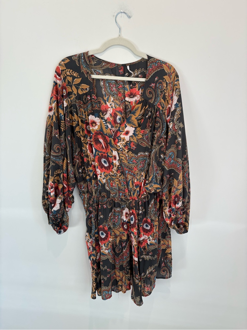 Free People Black Floral Paisley Long Sleeve Mini Dress